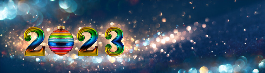 Happy New Year 2023. Christmas or New Year composition with rainbow numbers and Christmas rainbow...