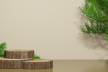 Wood circular base 3D realistic tree empty display podium for product placement scene presentation background