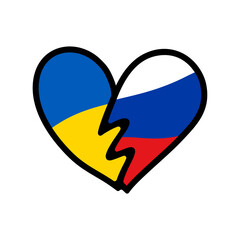 Heart broken because of war. Ukraine and Russia as One. Heart shaped Ukrainian and Russian flags. Stop the war.