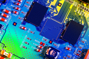 Electronic circuit board close up.	