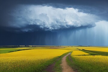 Obraz premium storm cloud on rural farm land, green grass and yellow canola fields, generative ai