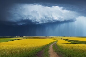 storm cloud on rural farm land, green grass and yellow canola fields, generative ai