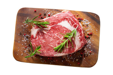 fresh meat with rosemary and spices on a wooden board isolated on transparent background, top view - 550063811