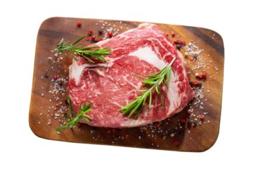 fresh meat with rosemary and spices on a wooden board isolated on transparent background, top view