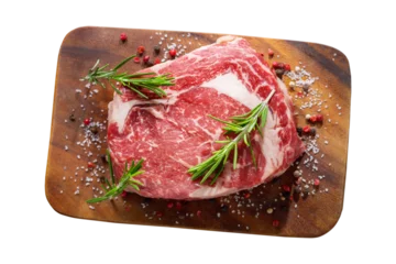 Fotobehang fresh meat with rosemary and spices on a wooden board isolated on transparent background, top view © Nitr