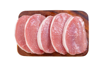 fresh pork chops on wooden board isolated on transparent background, top view