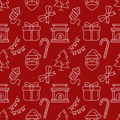 Christmas and New Year concept. Seamless pattern of giftbox, present, tree, fireplace, garland. Perfect for wrapping, postcards, covers, fabric, textile