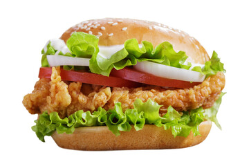 burger with chicken and vegetables isolated on transparent background