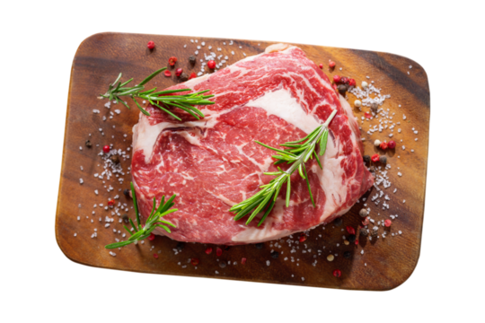 fresh meat with rosemary and spices on a wooden board isolated on transparent background, top view
