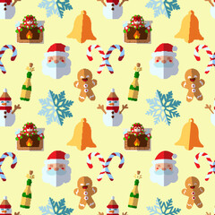 New Year, holiday, Christmas concept. Seamless pattern of fireplace, bell, sweet, Santa Claus. Perfect for wrapping, postcards, covers, fabric, textile