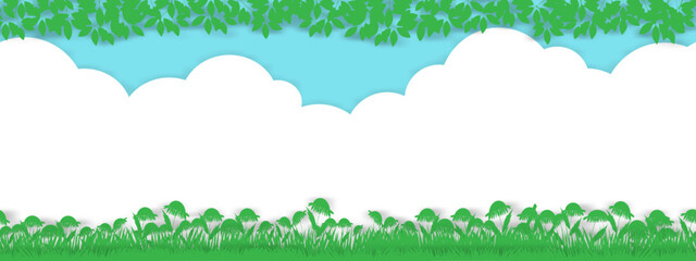 Spring background with rural grass field landscape, green leaves border on blue sky background,Vector cute cartoon for Easter with copy space ,Backdrop Horizon banner for Hello Spring, Summer