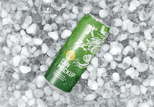 Glossy Metallic Can with Ice and Drops Mockup