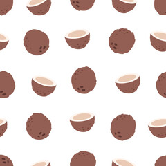 Coconut seamless pattern. Exotic and tropical fruit seamless pattern. Healthy food. Flat, hand drawn texture for wallpaper, textile, fabric, paper. Hand drawn vector illustration