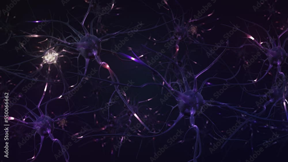 Poster concept neuron connect. 3d animation neurons in the brain. nerve cells sending electrical and chemic