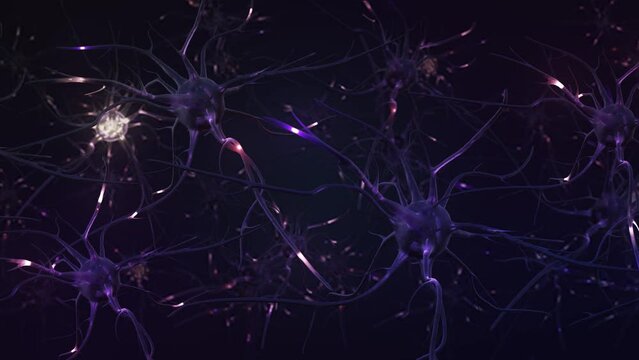 Concept neuron connect. 3D Animation Neurons in the Brain. Nerve Cells Sending Electrical and Chemical Signals. Synapse Process Inside the Nervous System. Brain Network, Neurotransmitter Impulses.
