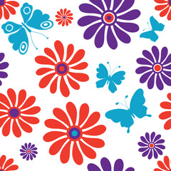 Seamless spring pattern with flowers doodle butterflies on a transparent background. Vector