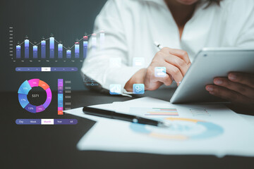 Businesswoman,marketing concept connected globally wireless communication, graph screen showing business growth through digital network,finance,investment, information, planning and development succes
