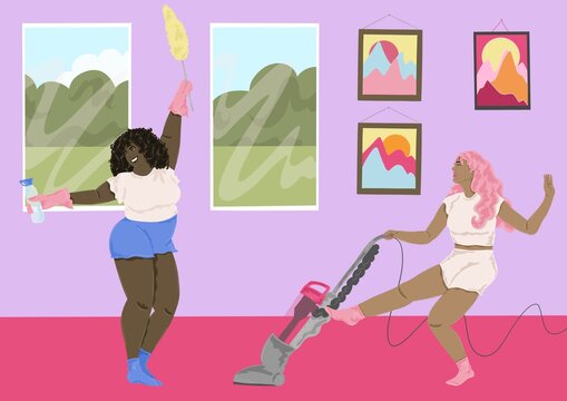 Women cleaning the house together