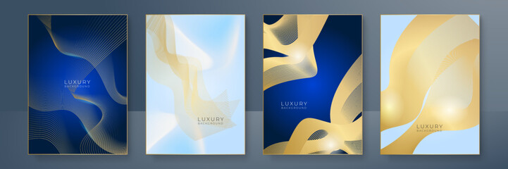 Modern cover design set in luxury blue gold line. Gold abstract line pattern in premium color. Luxury golden stripe vector layout for business background, certificate, brochure template