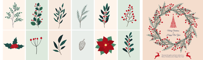 Christmas hand drawn set of poinsettia, leaves, branches, berries, holly, pine cone, guelder rose. Winter floral cozy collection. Vector sketch elements. Christmas reindeer and Christmas tree © Diana Kovach