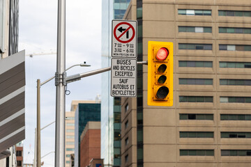 Traffic lights in street with buildings in downtown district of Ottawa, Canada