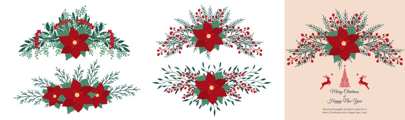 Christmas hand drawn arrangement with poinsettia, berries and leaves. Winter floral cozy elements. Happy New Year floral vector frames. Christmas reindeer and Christmas tree