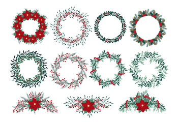 Christmas hand drawn wreath with poinsettia, leaves, branches, berries, holly, pine cone. Winter floral cozy collection. Vector frames and arrangement. Happy New Year illustration isolated on a white
