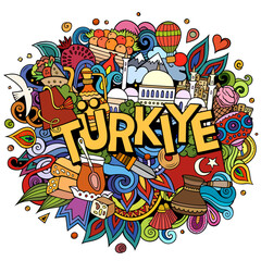 Turkey hand drawn cartoon doodles illustration. Funny travel design.