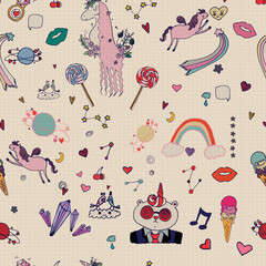 seamless vector background. retro style set, hand-drawn sketch, with cute elements for Valentine's day, weddings, children's parties. multicolored doodles in blue ink on a notebook sheet.