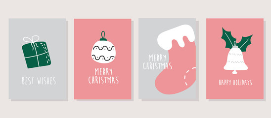 Fototapeta na wymiar Hand drawn vector Merry Christmas cards collection set with cute illustrations. Cartoon minimalist Scandinavian design set.
