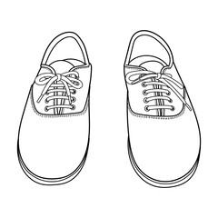 Hand drawn illustration of casual shoes, summer boots shoes, top view. Classic vintage style. Outline doodle vector illustration.