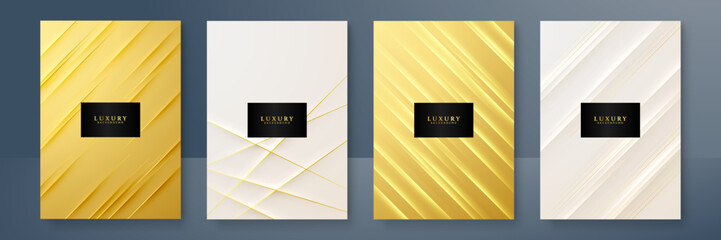 Modern cover design set in luxury gold line. Gold abstract line pattern in premium gold color. Luxury golden stripe vector layout for business background, certificate, brochure template
