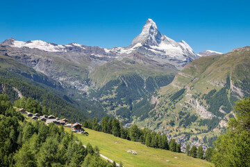 Fototapeta na wymiar The Matterhorn peak over the Mattertal valley and Zermatt.