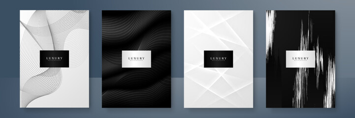 Modern cover design set. Gold abstract line pattern (wave curves) in premium colors: black and gold . Luxury wavy stripe vector layout for business background, certificate, brochure template