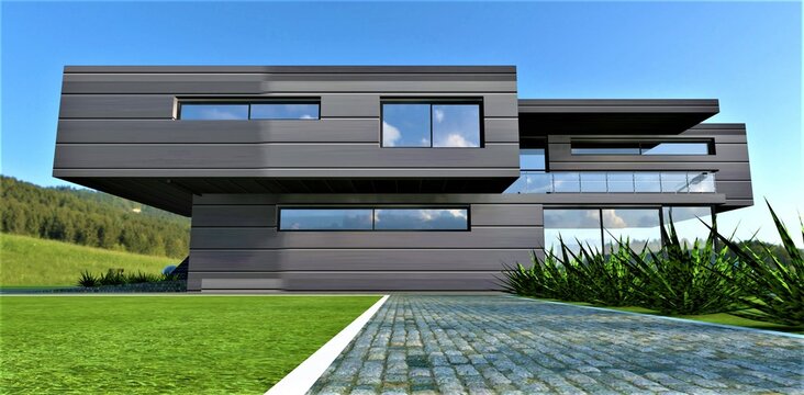 The walkway paved with natural garnite stone on the lawn near the contemporary country dwelling. 3d rendering.