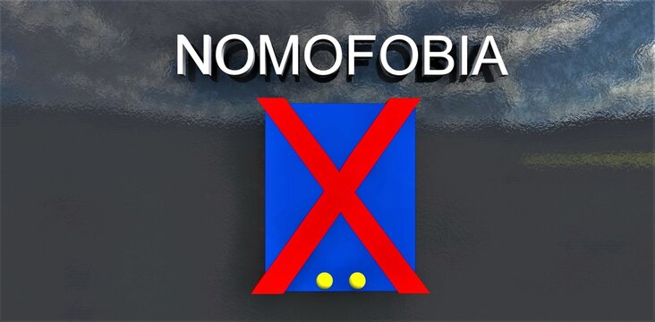 Word Nomofobia written in whiite on the steel background. Screen of the smartphone crossed out by red lines. 3d rendering.