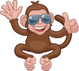 Monkey Sunglasses Waving Thumbs Up Cartoon Animal