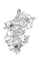 Tattoo snake with flowers detailed sketch