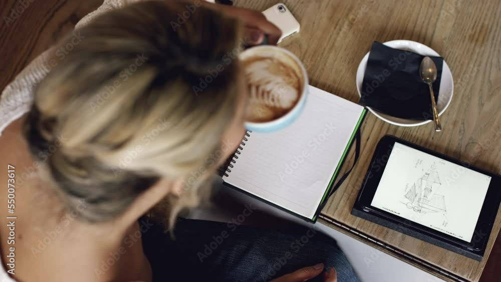 Aufkleber Architecture, tablet and woman with a notebook at a cafe working on a floor plan on digital screen for remote work. Coffee, designer or creative employee with sketch or drawing of building blueprint