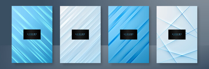 Fototapeta premium Modern cover design set. Blue white abstract line pattern (wave curves). Creative wavy stripe vector collection layout for business background, certificate, brochure template