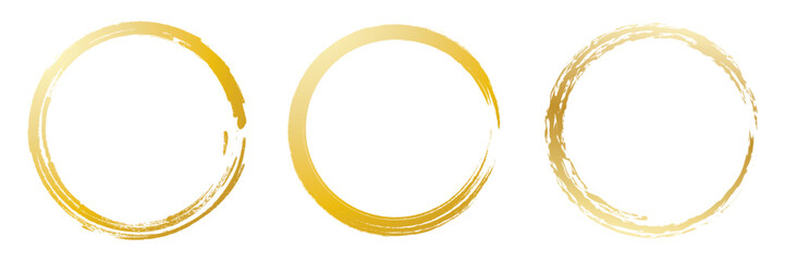 Golden circle with golden brush texture on white background. Set of round brush strokes.