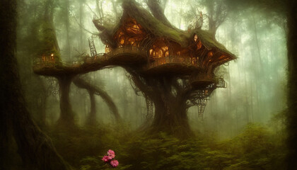 magical treehouse in a forest mysterious background.