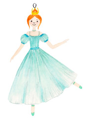 Watercolor illustration, ballerina in blue dress, toy for Christmas tree and New Year. For various holiday products.