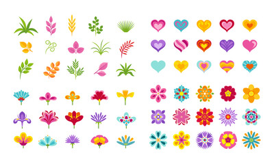 Fototapeta na wymiar Big set of flowers, hearts, twigs and leaves. Bright multicolored flat icons. 