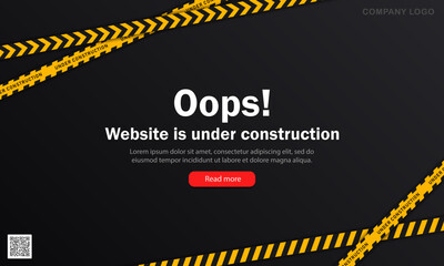 Template of dark landing page with striped yellow-black tapes, qr code and red button. Black vector banner with text - Oops! Website is under construction . Poster with warning, caution endless lines