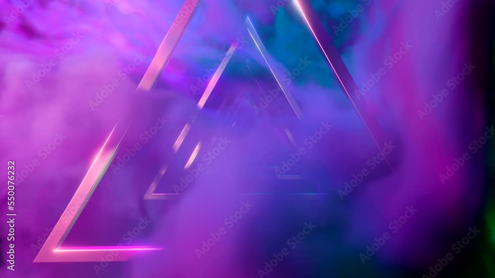 Aufkleber flying inside futuristic abstract tunnel of metallic triangles and smoke. design. endless triangular