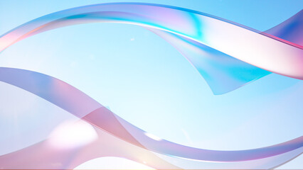 abstract background, transparent and glossy waves on blue background. Iridescent mockup with copy space, 3d rendering