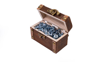 Wooden chest box for metal bolts, screws and nuts close up, metal self-tapping screws made of steel, self-tapping screw for metal, for iron, chrome-plated self-tapping screw,