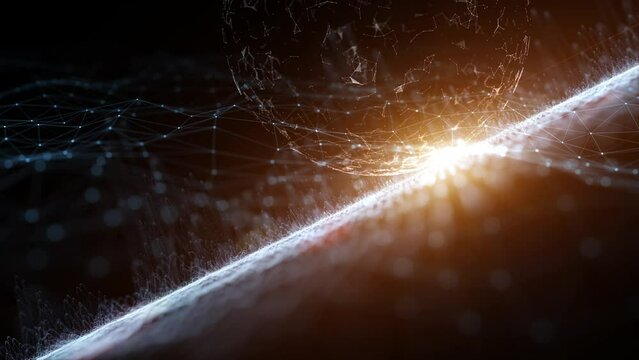 Rotation of network sphere with glowing light. Artistic artificial intelligence globe in digital cyberspace looping animation background.