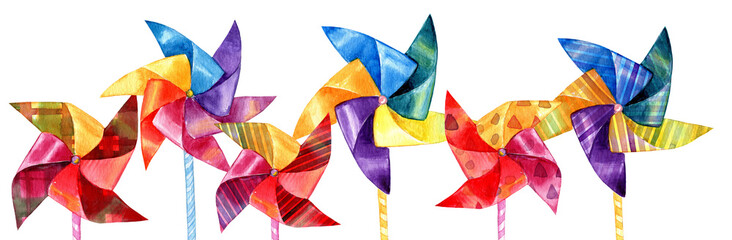 Colorful watercolor pinwheels border, birthday party invitations, celebration, kids birthday, circus theme birthday, summer fair, 600 dpi PNG with transparent background